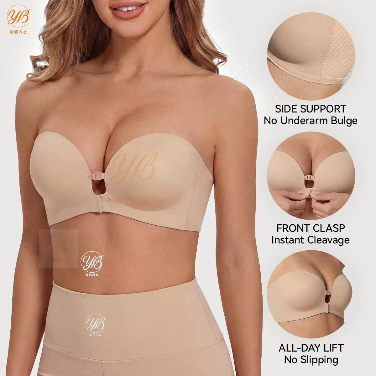 YB Womens Strapless Front Closure Bra Push Up Lift Bra Padded Add Cup Non Slip Anti-Slip Grip & Removable Straps Fit Outfits Wireless Supportive Seamless Comfortable