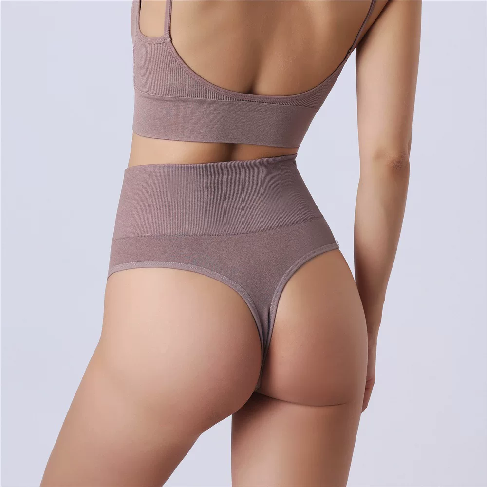 High-waisted thong pants for women, seamless pure cotton crotch, large-sized solid color stretch fitness sportswear T pants
